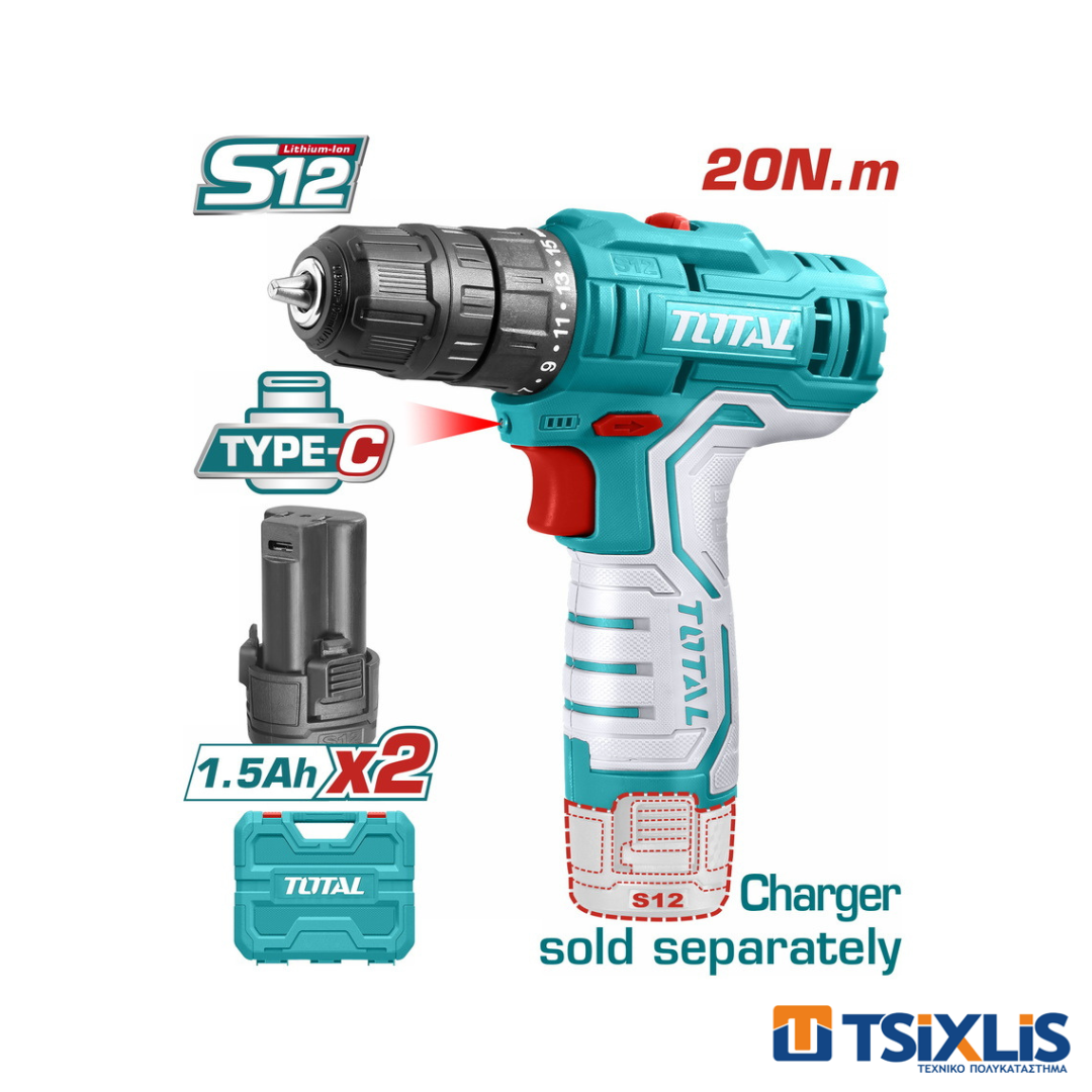 Δραπανοκατσάβιδο Μπαταρίας TOTAL Li-ion 12V / 2x1.5Ah / 20Nm - (TDLI12328)