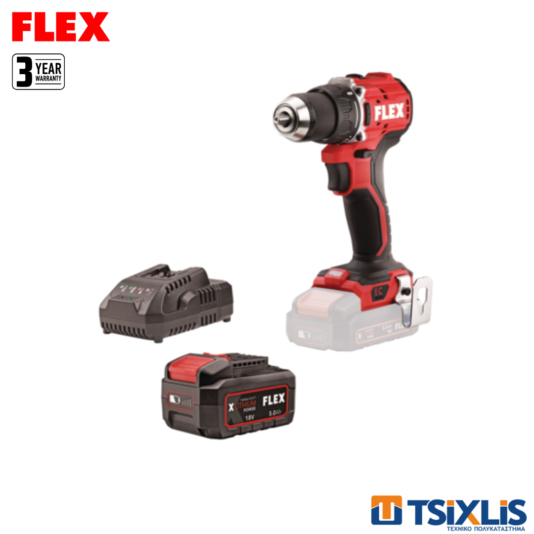Σετ Δραπανοκατσάβιδο 18v FLEX 65Nm DD2G-EC & Μπαταρία 1x5.0Ah & Φορτιστής 3,0A - (D00536)
