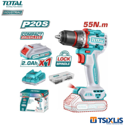 Δραπανοκατσάβιδο Μπαταρίας 20v TOTAL 55Nm & Μπαταρίες 1x2Ah & Φορτιστής - (TDLI205582E)
