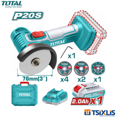 Γωνιακός Τροχός Μπαταρίας Mini TOTAL 20v/76m & 1x2Ah & Φορτιστής - (TAGLI76012)