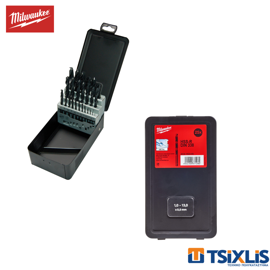 Σετ Τρυπάνια Σιδήρου MILWAUKEE Μαύρα DIN 338 HSS-R | 25τμχ. - (4932352469)