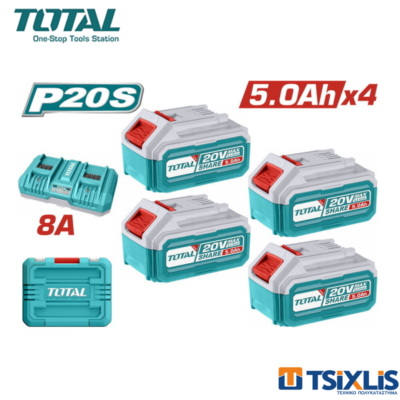 Σετ Μπαταρίας TOTAL Li-ion 20v / 5Ahx4 TFBLI2053 & Ταχυφορτιστής P20s TFCLI2082 - (TFBCLI20285E)