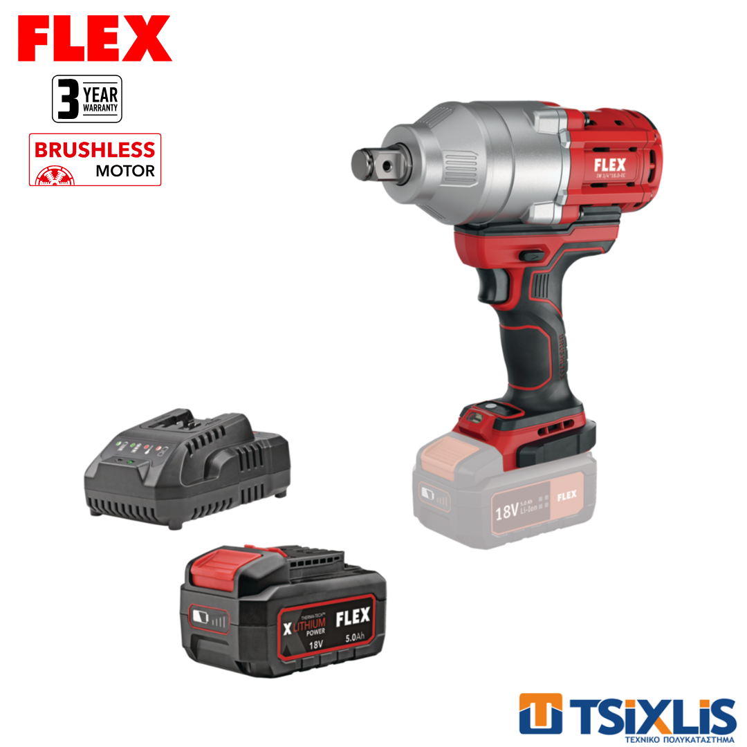 Σετ Μπουλονόκλειδο Μπαταρίας 18V FLEX 1060Nm IW3/4" EC.C & Μπαταρία 1x5.0Αh & Φορτιστής - (D00545)