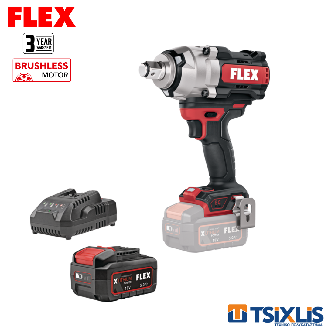 Σετ Μπουλονόκλειδο Μπαταρίας 18v FLEX 1600Nm IW3/4" EC.C & Μπαταρία 1x5.0Ah & Φορτιστής - (D00547)