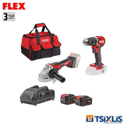 Σετ FLEX 18v Γωνιακός Τροχός L125-EC LD & Κρουστικό Δραπανοκατσάβιδο PD2G-EC LD & Μπαταρίες 2x5.0Ah & Φορτιστής & Εργαλειοθήκη - (11827)