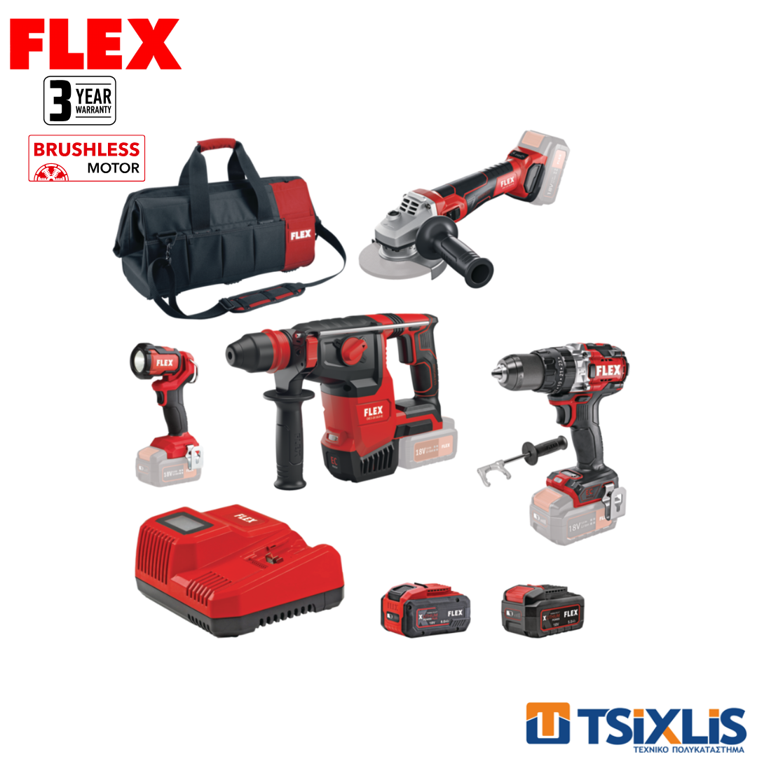 Σετ FLEX 18v Γωνιακός Τροχός 125mm & Κρουστικό Δραπανοκατσάβiδο 158Nm Περιστροφικό Πιστολέτο 2.6J & Προβολέας Εργασίας 300lm & Εργαλειοθήκη - (D00601)