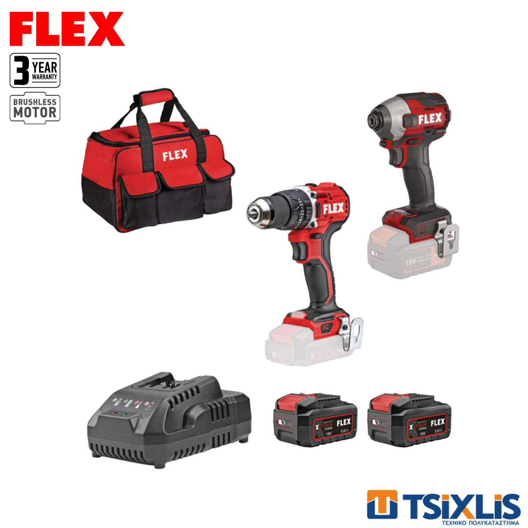 Σετ FLEX 18v Κρουστικό Δραπανοκατσάβιδο PD2G-LD 65Nm & Παλμικό Κατσαβίδι ID 1/4" - HD & Μπαταρίες 2x5.0Ah & Φορτιστής 3.0Α & Εργαλειοθήκη - (11821)